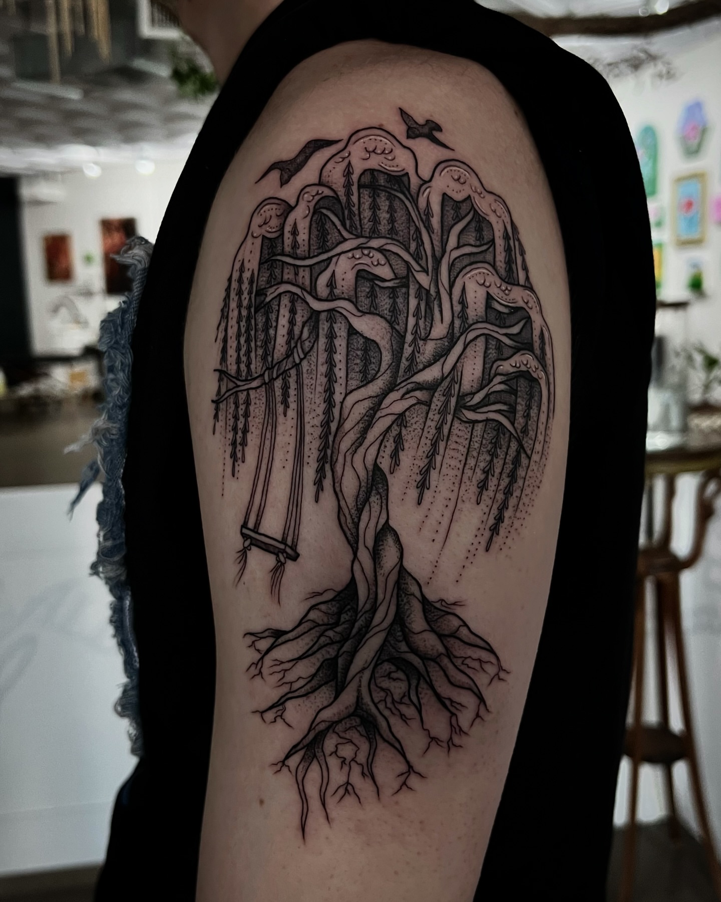 Weeping willow tree dotwork tattoo on the upper arm by ∙︎✢︎ Rach K ✢︎
