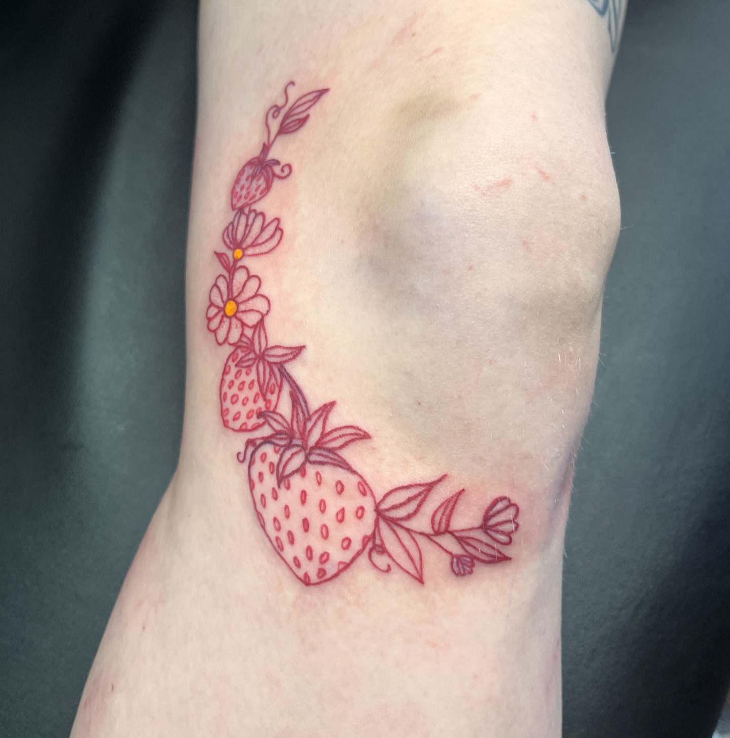 Strawberries and flowers fine line tattoo on the forearm by Michelle