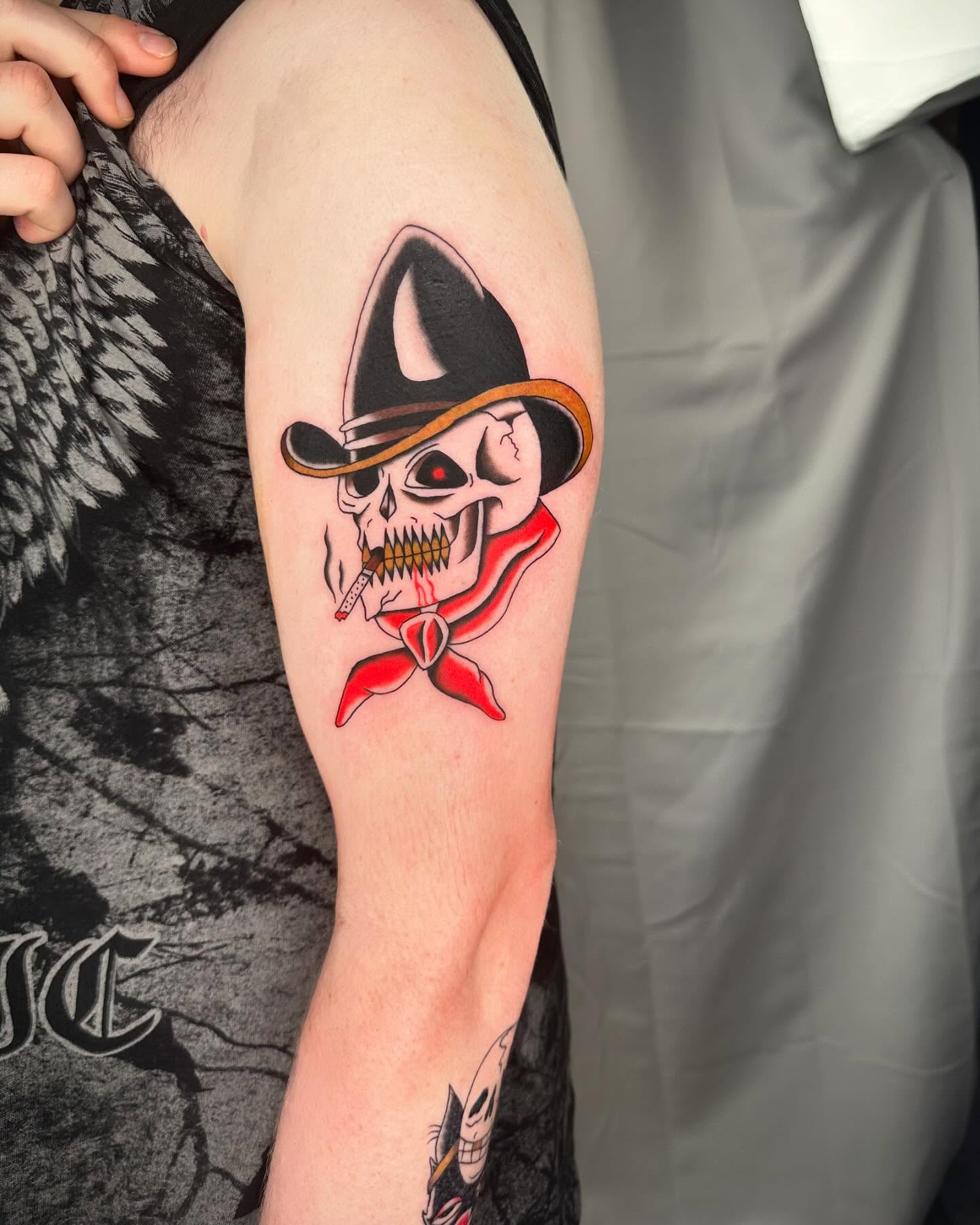 Cowboy skull American traditional tattoo on the forearm by rory