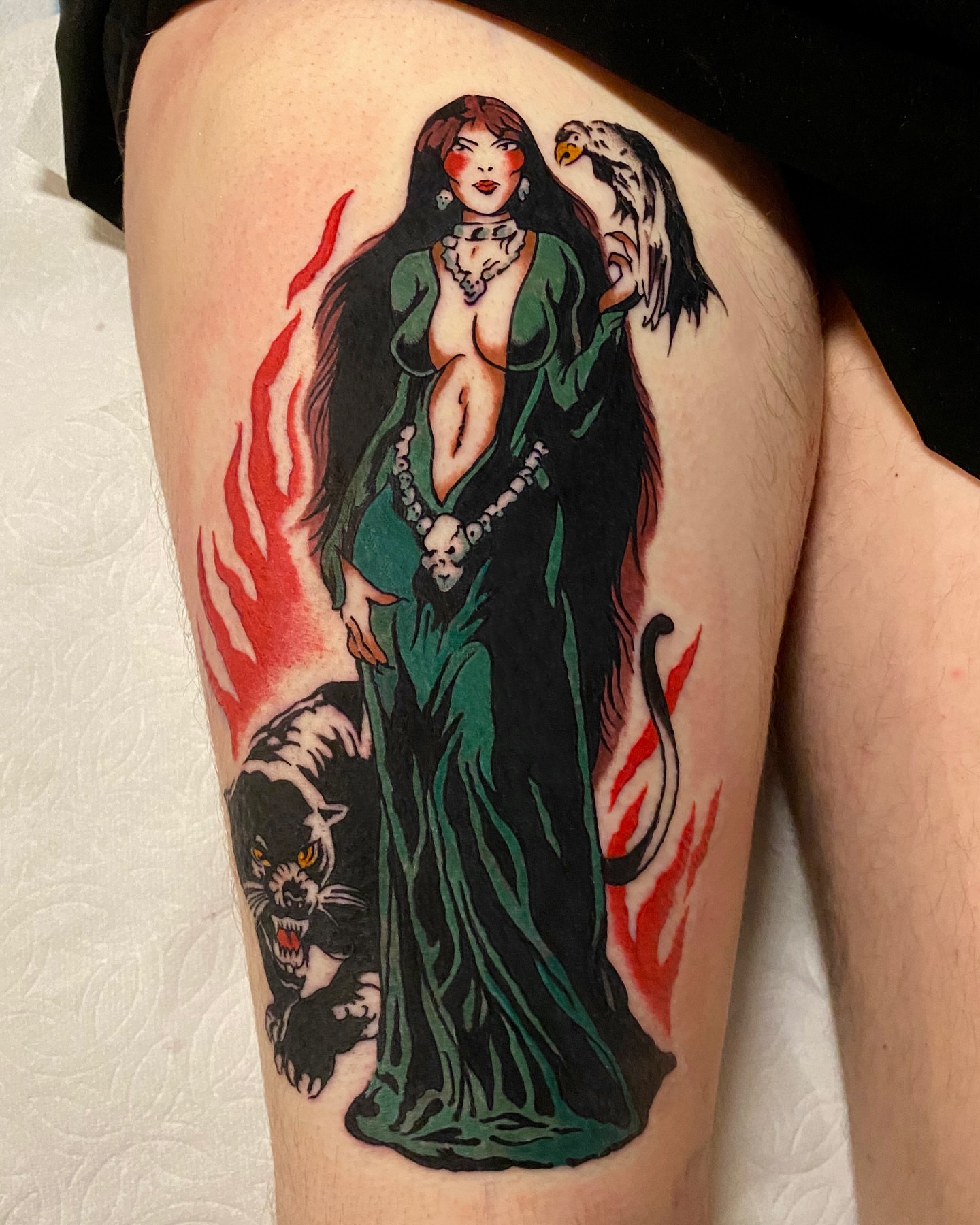 Witch with panther dark realism tattoo on the thigh by Haley Tucker, Sebastopol, California