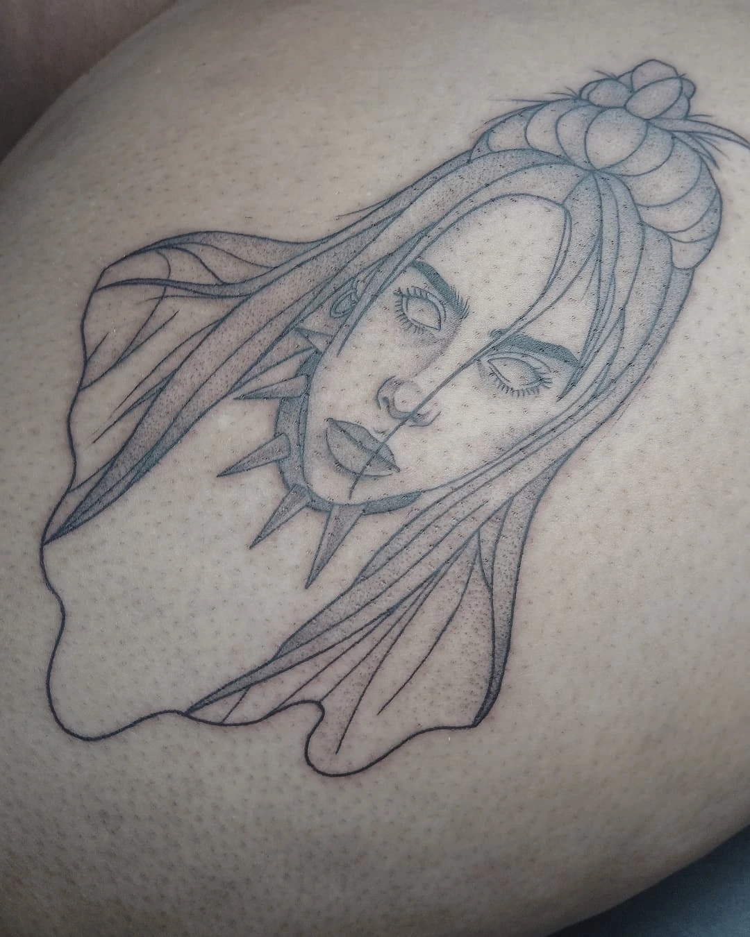 Woman with wings black and grey tattoo on the thigh by Cassieal Welch
