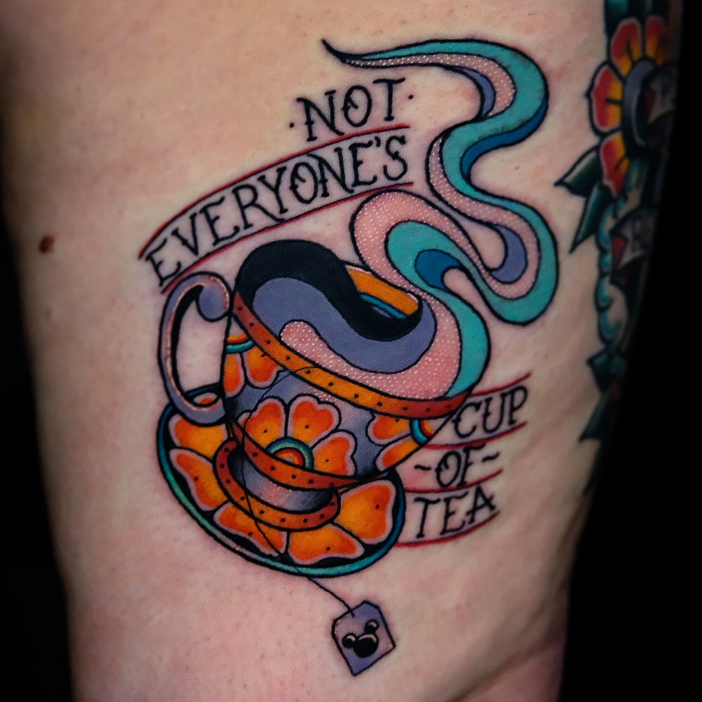 Cup of tea American traditional tattoo on the forearm by Don Boos Tattoos