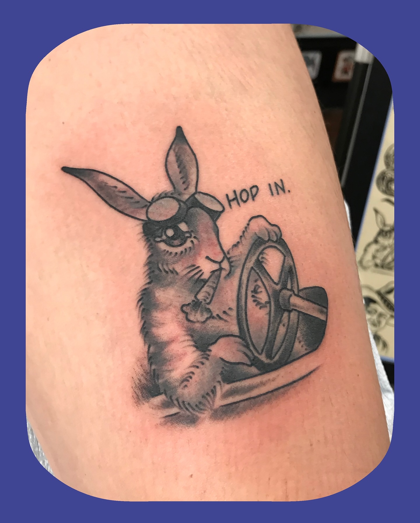 Rabbit driving car American traditional tattoo on the thigh by Chris Chapman