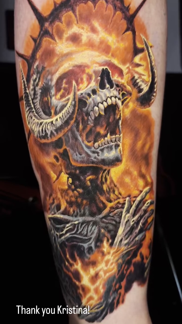 Demon skull with horns and flames dark realism tattoo by Jamie Lee Parker