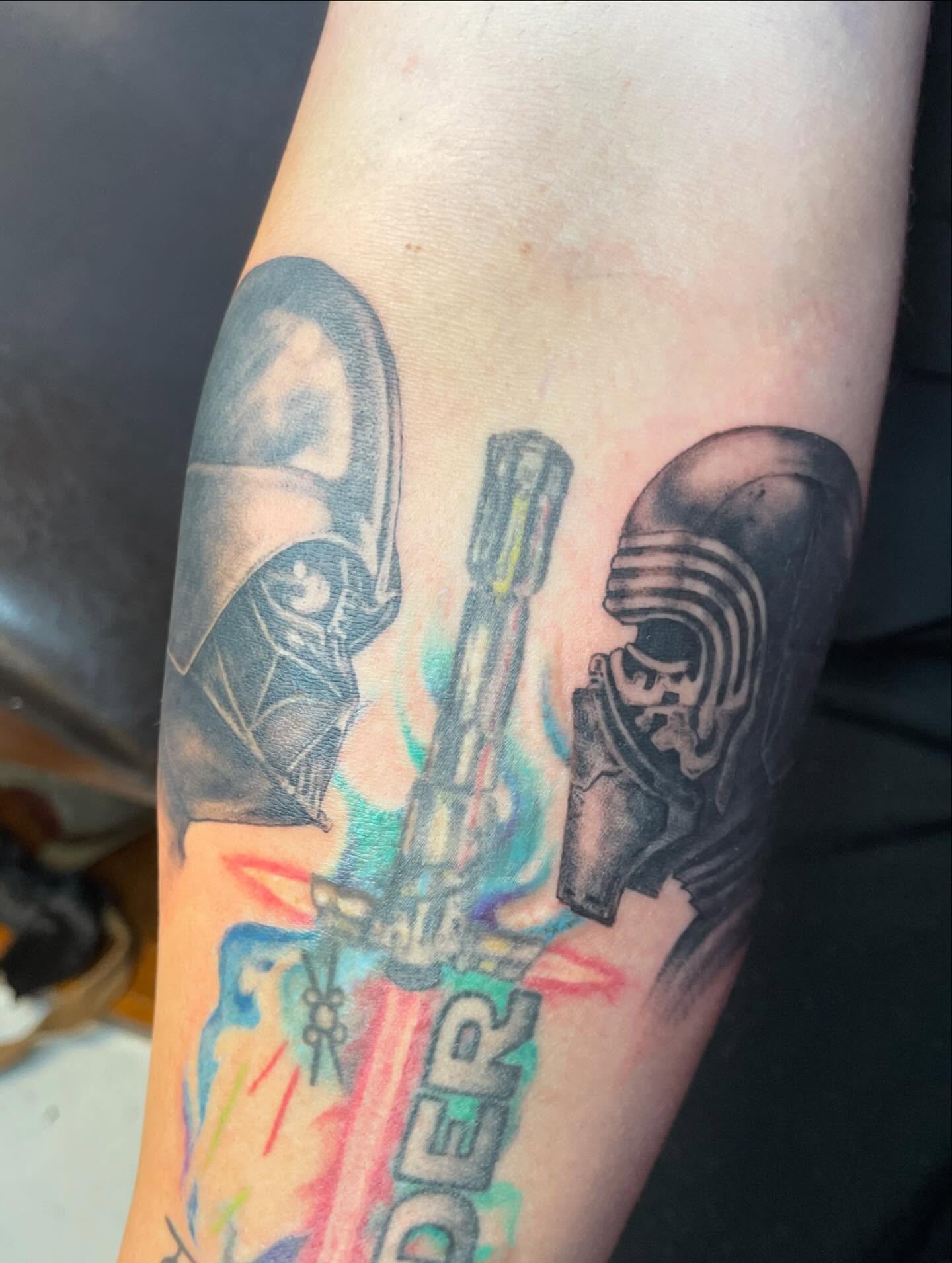 Darth vader and kylo ren realism tattoo on the forearm by Christin Baumgart