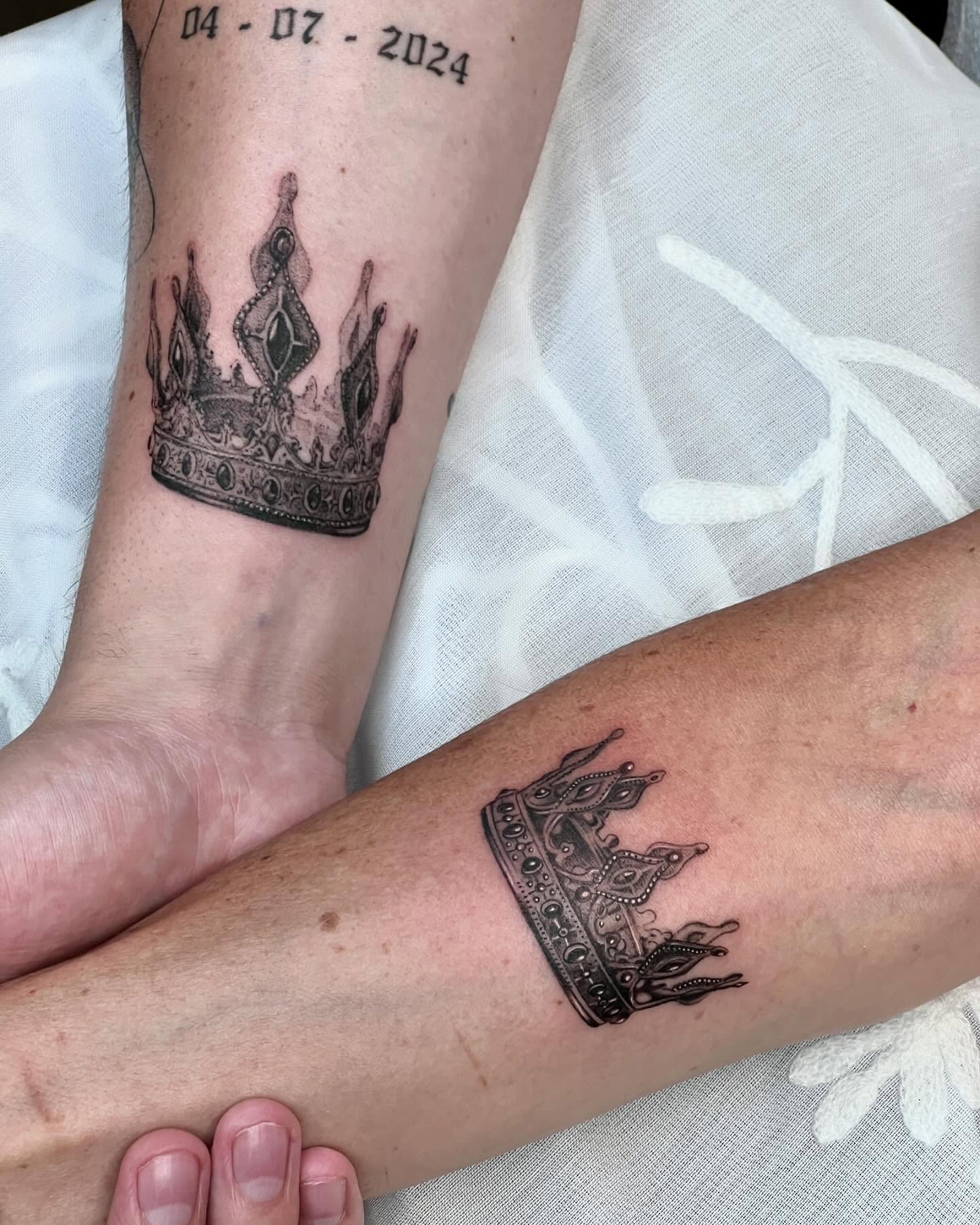 Crowns black and grey tattoo on the forearm by Ka hiu chiu