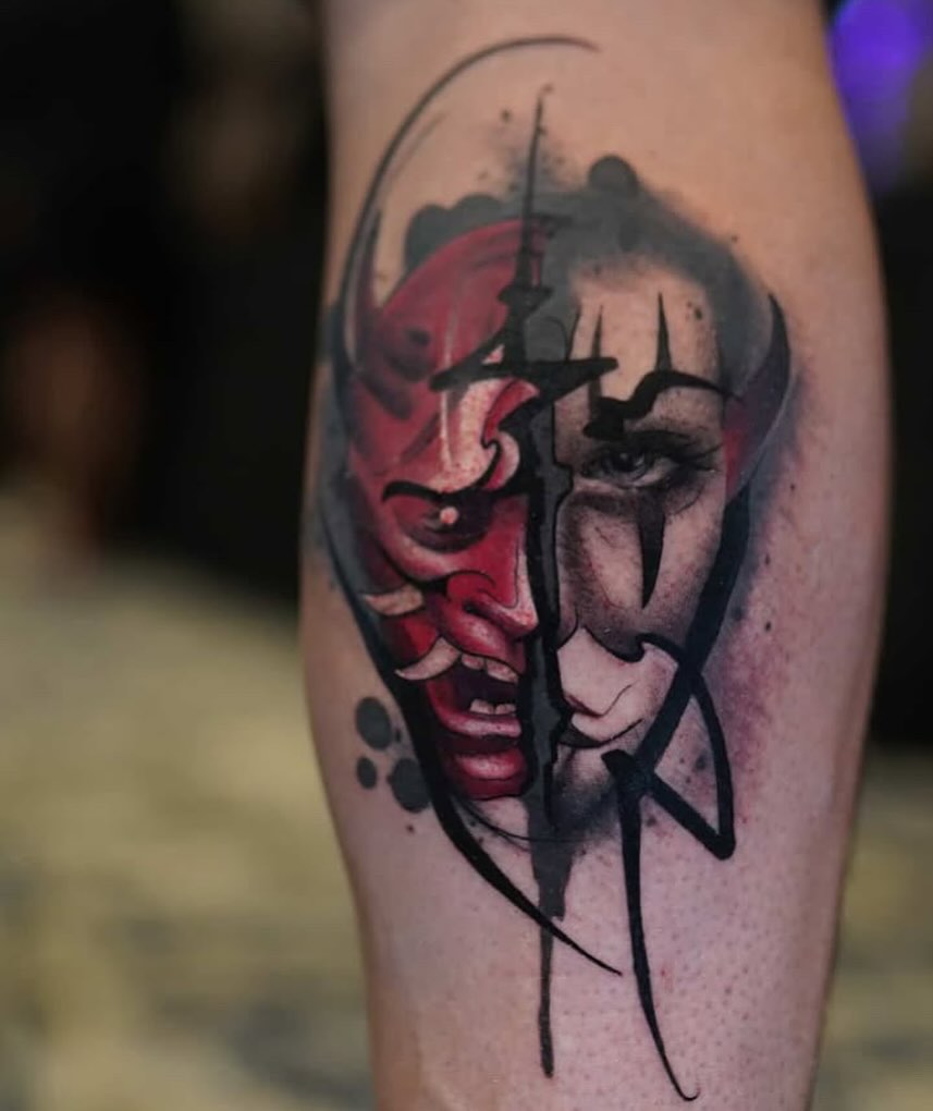 Abstract faces dark realism tattoo on the forearm by Hot Dawg