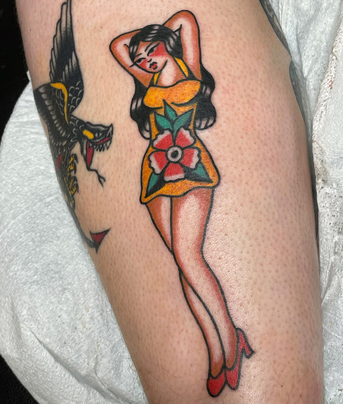 Pin-up girl American traditional tattoo on the thigh by nancy❣️