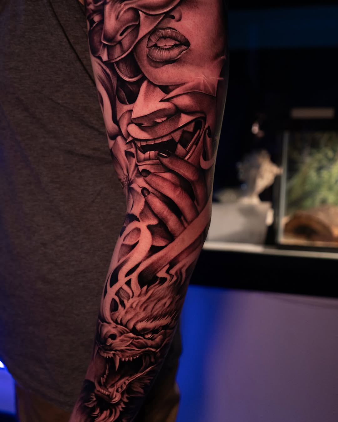 Woman's face, hannya mask, and dragon Japanese tattoo on the forearm by Apolo