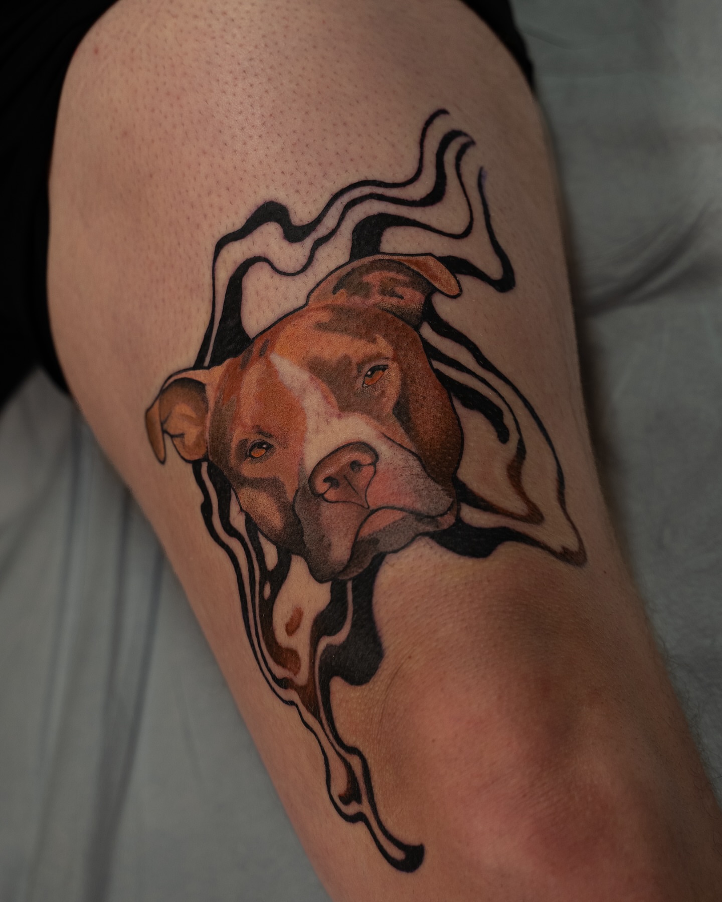 Pit bull realism tattoo on the thigh by Chris Estrada