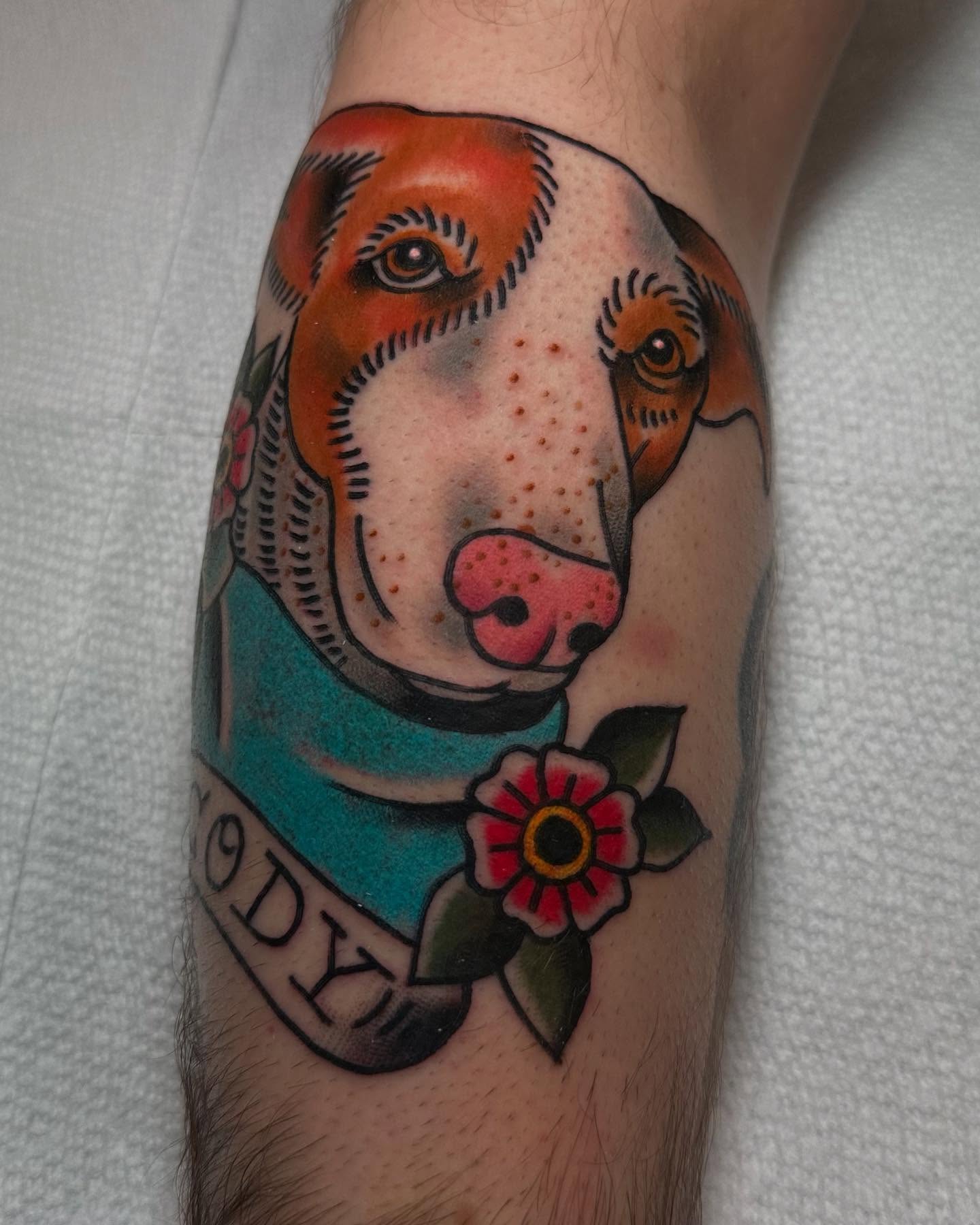 Dog portrait American traditional tattoo on the forearm by 𝕯𝖗𝖊𝖜 𝕲𝖎𝖑𝖊𝖘 𝕵𝖆𝖙𝖙𝖔𝖔, Addison, Texas