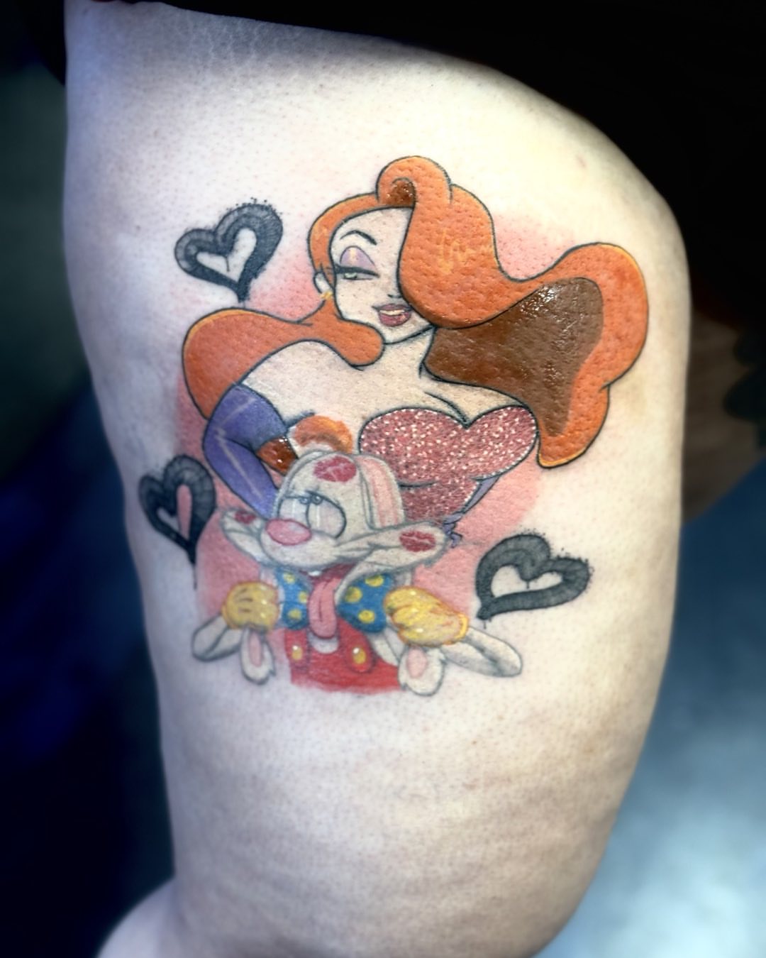 Jessica Rabbit and Roger Rabbit American traditional tattoo on the thigh by Germaine Sherman