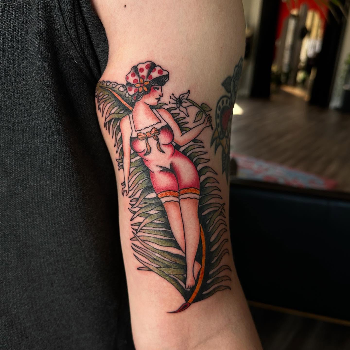 Flapper girl American traditional tattoo on the forearm by Jess Ritchie, Austin, Texas