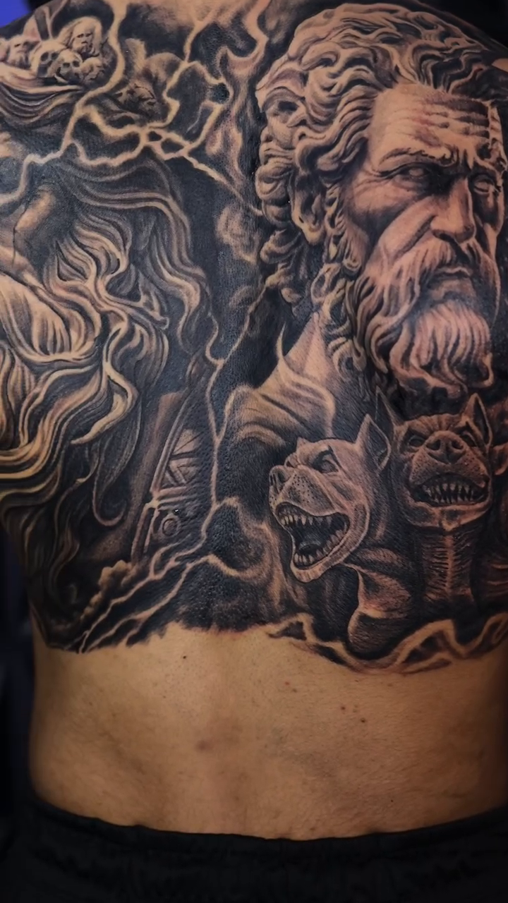 Greek mythology figures realism tattoo by Michael Tovar