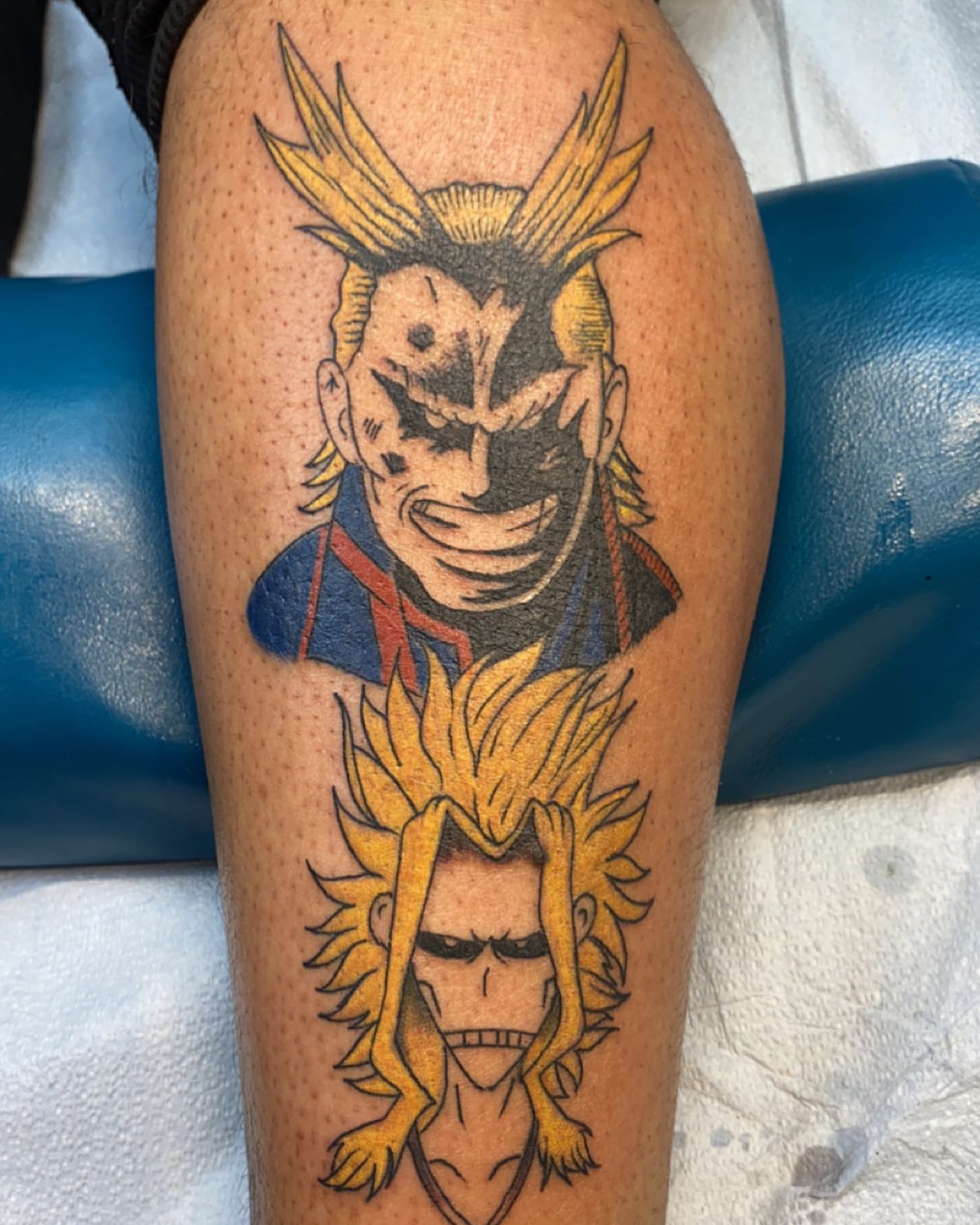 All Might anime tattoo on the thigh by Tattsruru