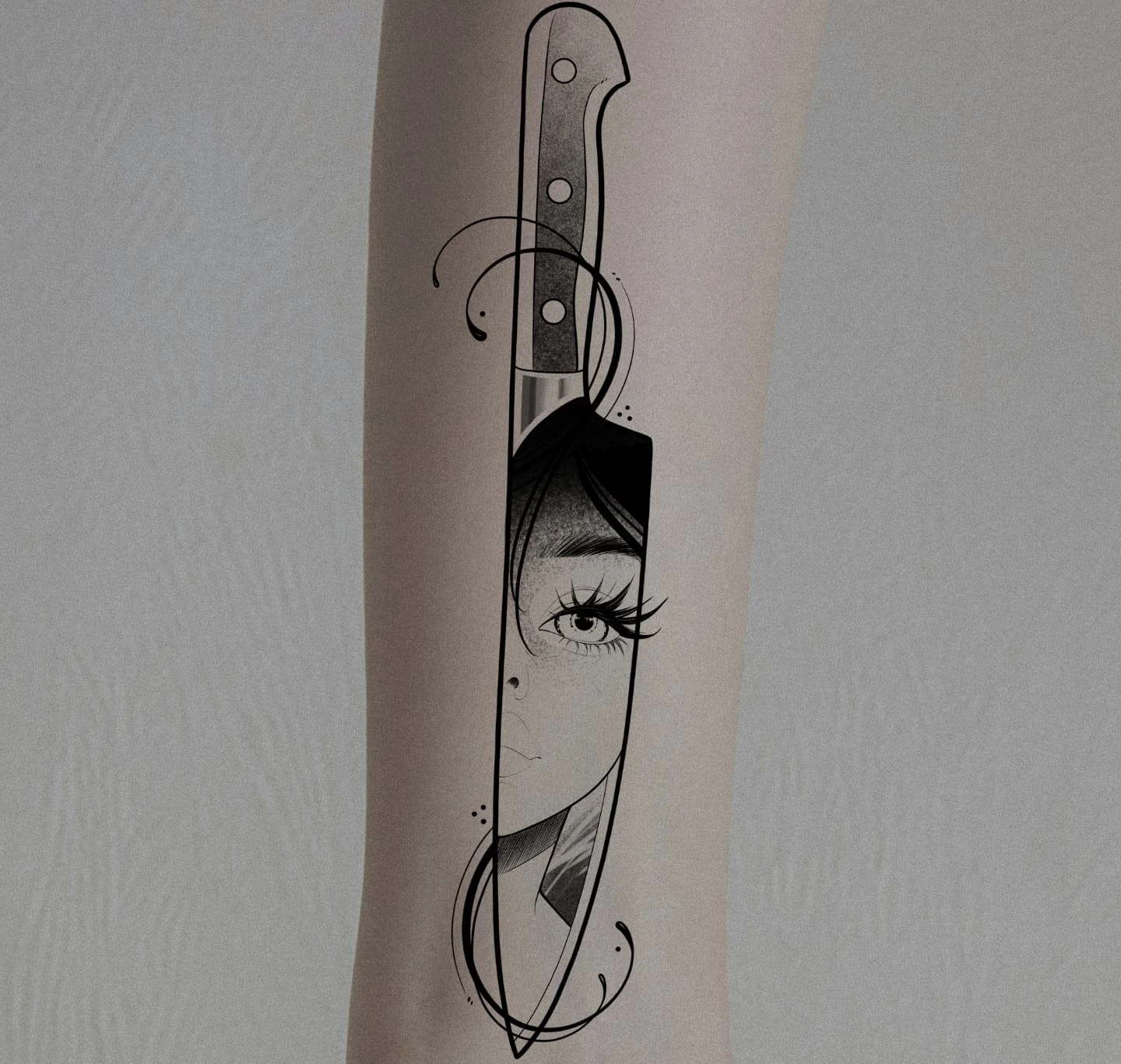 Knife and woman's face realism tattoo on the forearm by Rina Danaé Tattoo🌿