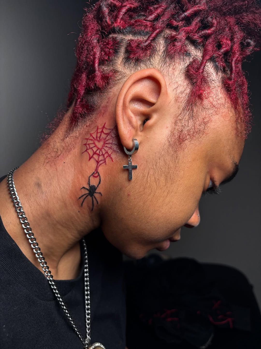 Spider and web blackwork tattoo on the neck by Mc X Happo