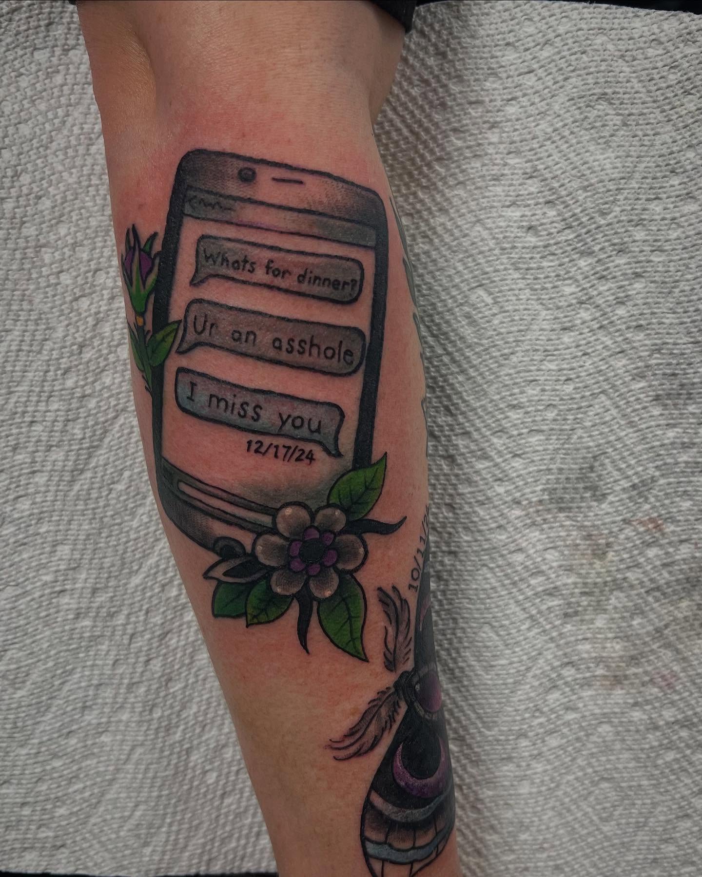 Text message conversation American traditional tattoo on the forearm by Katie Sayre