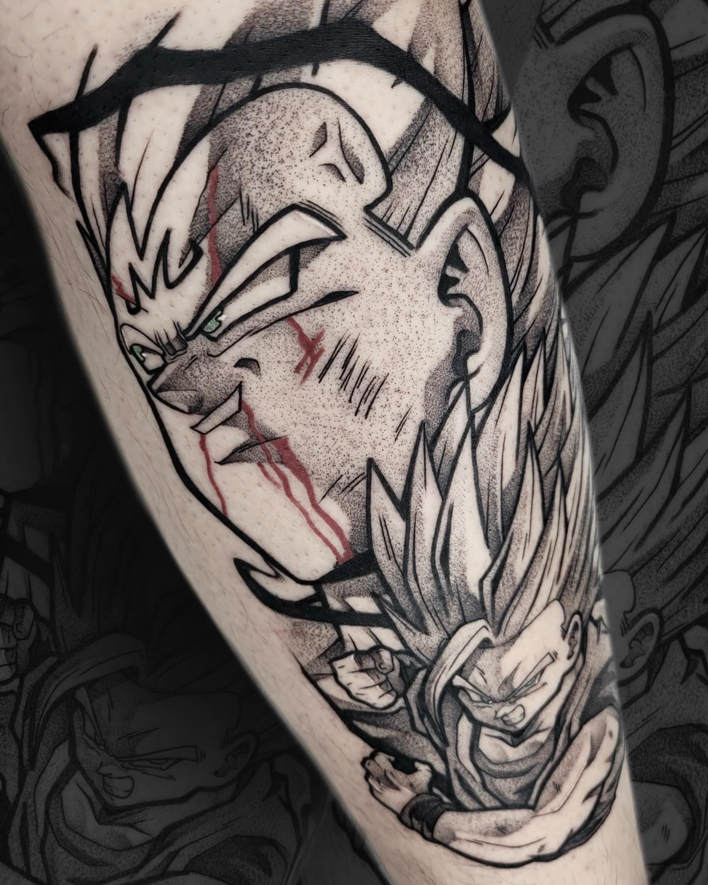 Anime character dotwork tattoo on the forearm by Danny, San Luis Obispo, California
