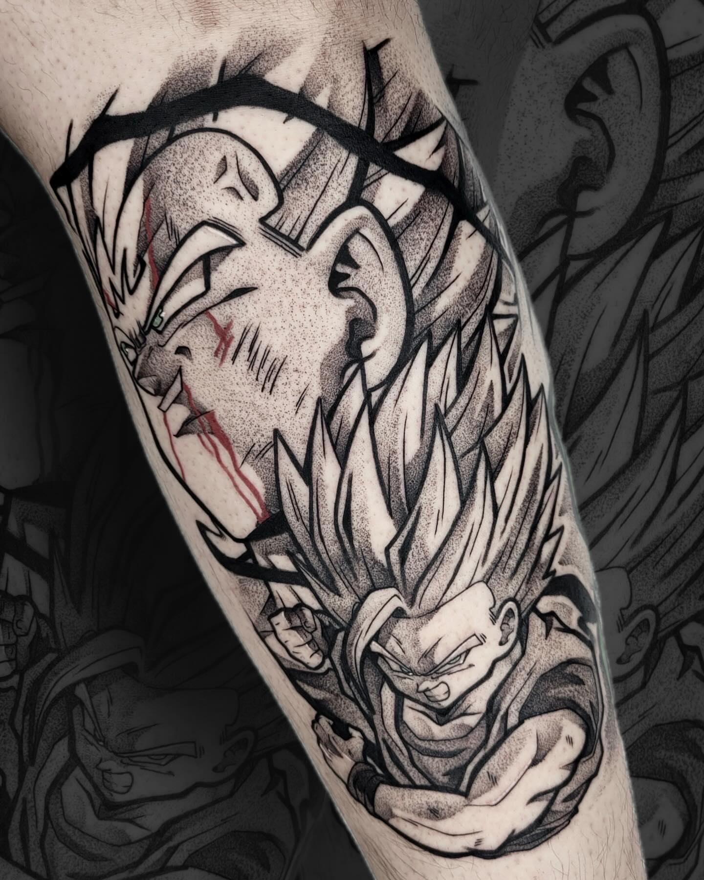 Vegeta dotwork tattoo on the forearm by Danny, San Luis Obispo, California