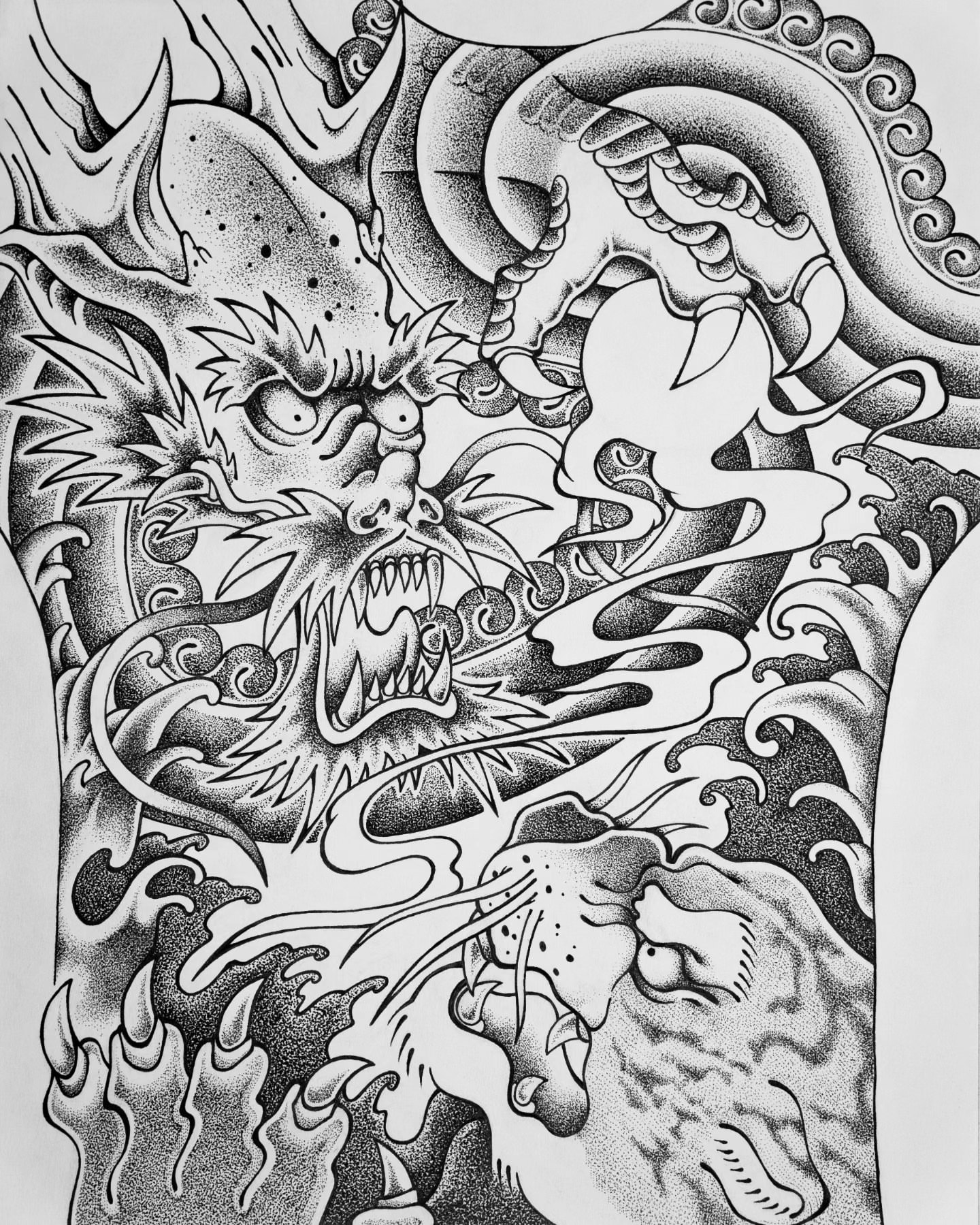 Dragons and waves dotwork tattoo by pedroo