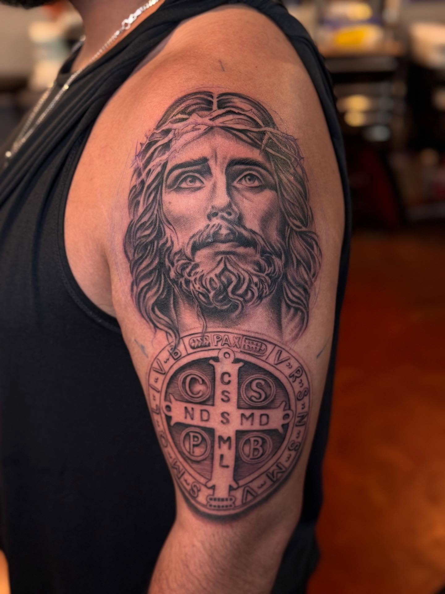 Religious figure realism tattoo on the shoulder by Stephanie Cruz, Kansas City, Missouri