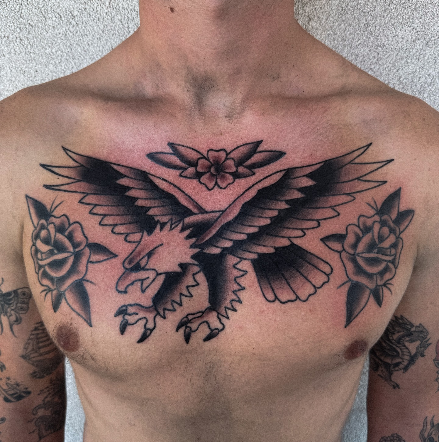 Dragon and roses black and grey tattoo on the chest by Drew🕸️, Phoenix, Arizona
