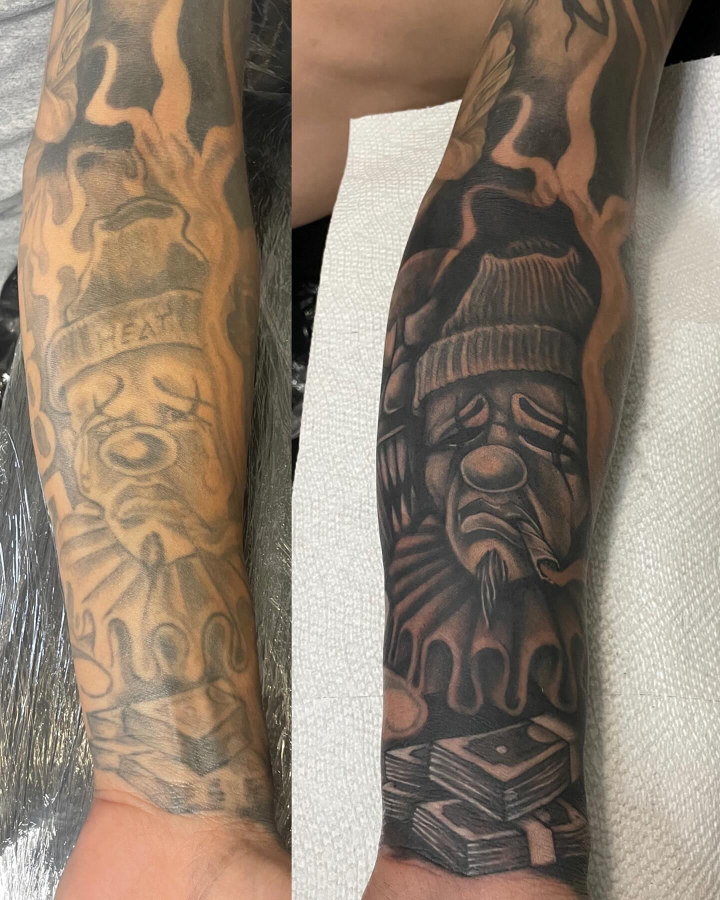 Clown and skull realism tattoo on the forearm by payaso