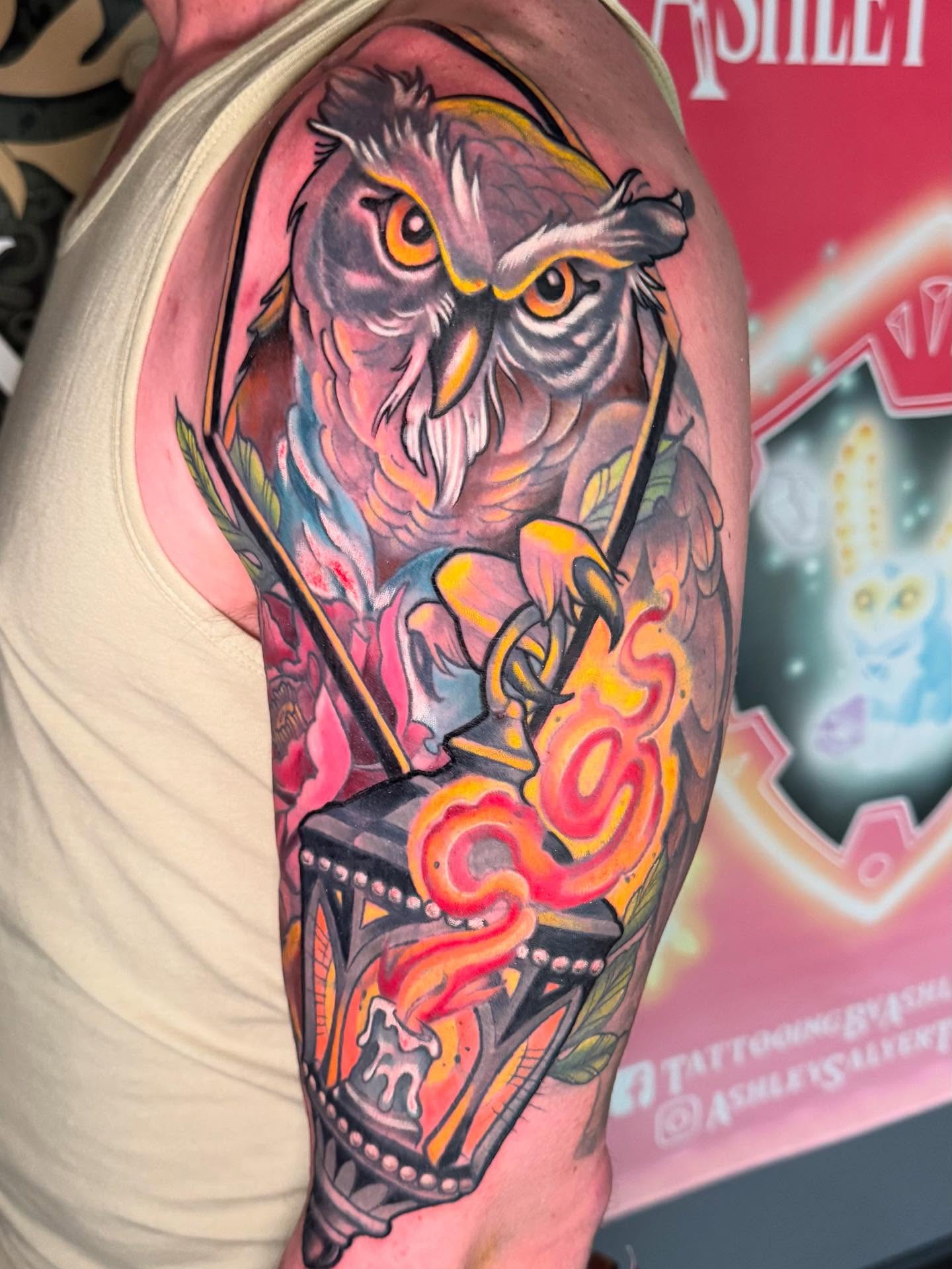 Owl and hourglass American traditional tattoo on the forearm by Paul Hicks