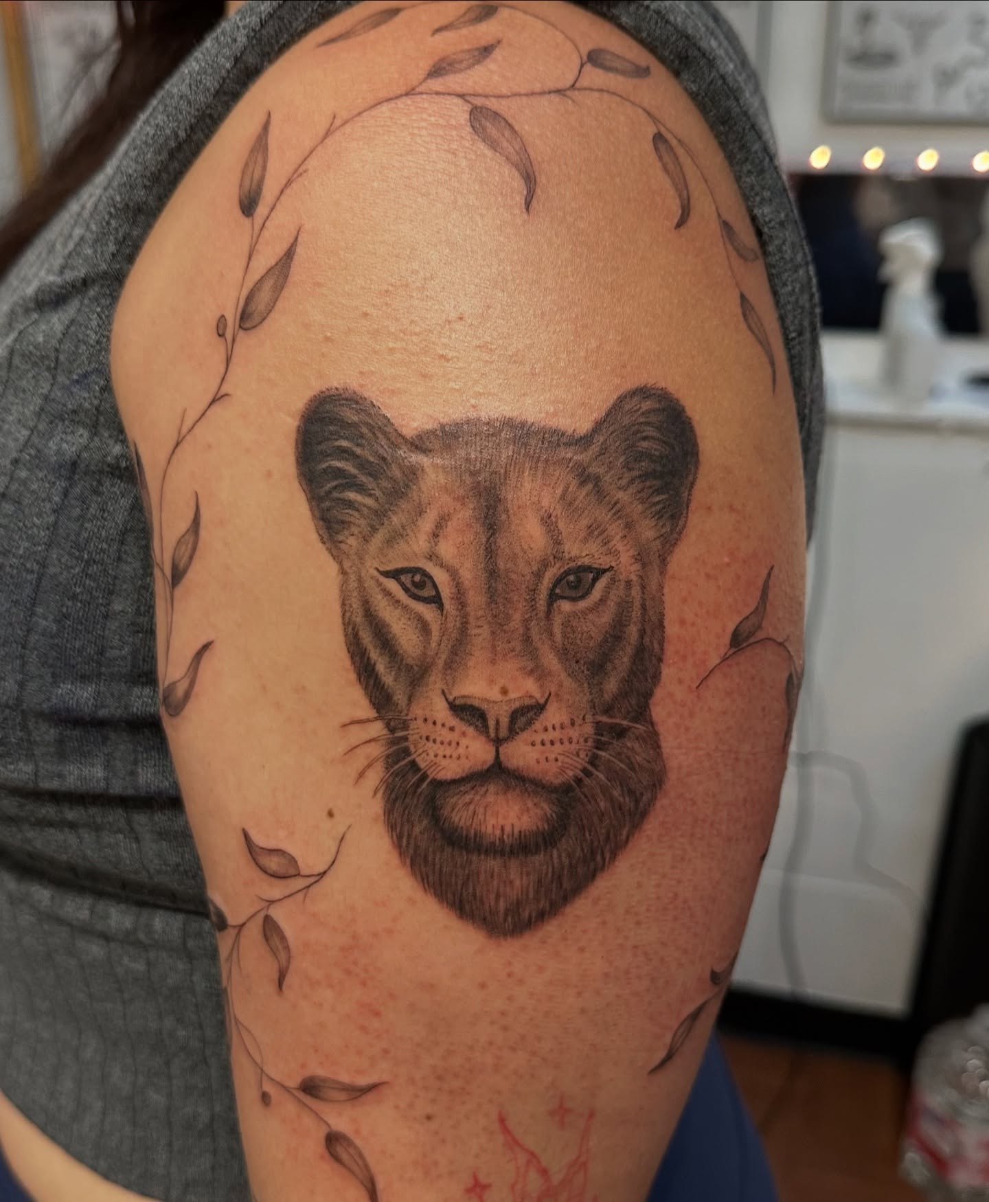 Lion realism tattoo on the shoulder by Piccolino, Cambridge, Massachusetts