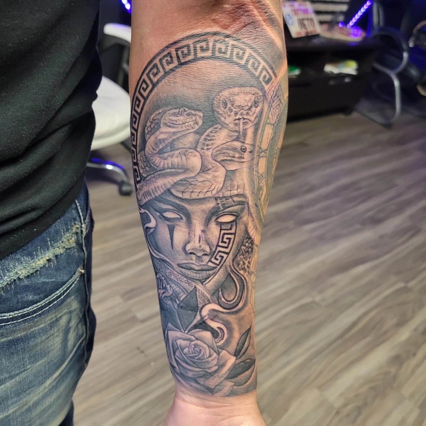 Medusa realism tattoo on the forearm by Beto Tats, Round Rock, Texas