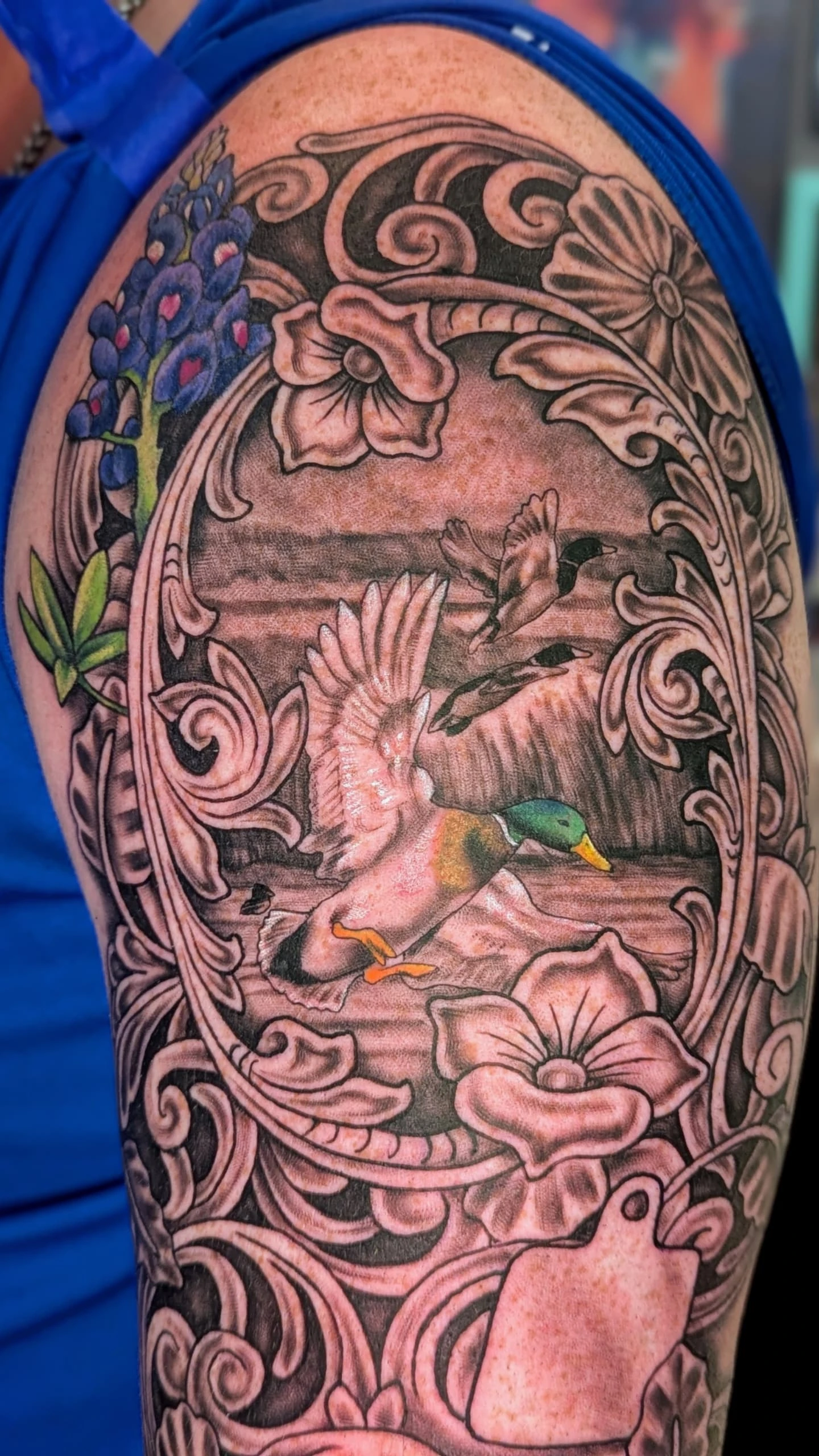 Ducks and floral ornamentation ornamental tattoo on the upper arm by Bethany Jane Tattoos