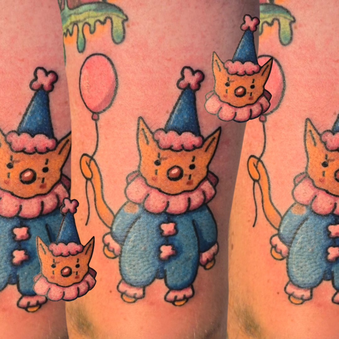 Clown cats new school tattoo on the forearm by Abigail (Bgail) Boyd