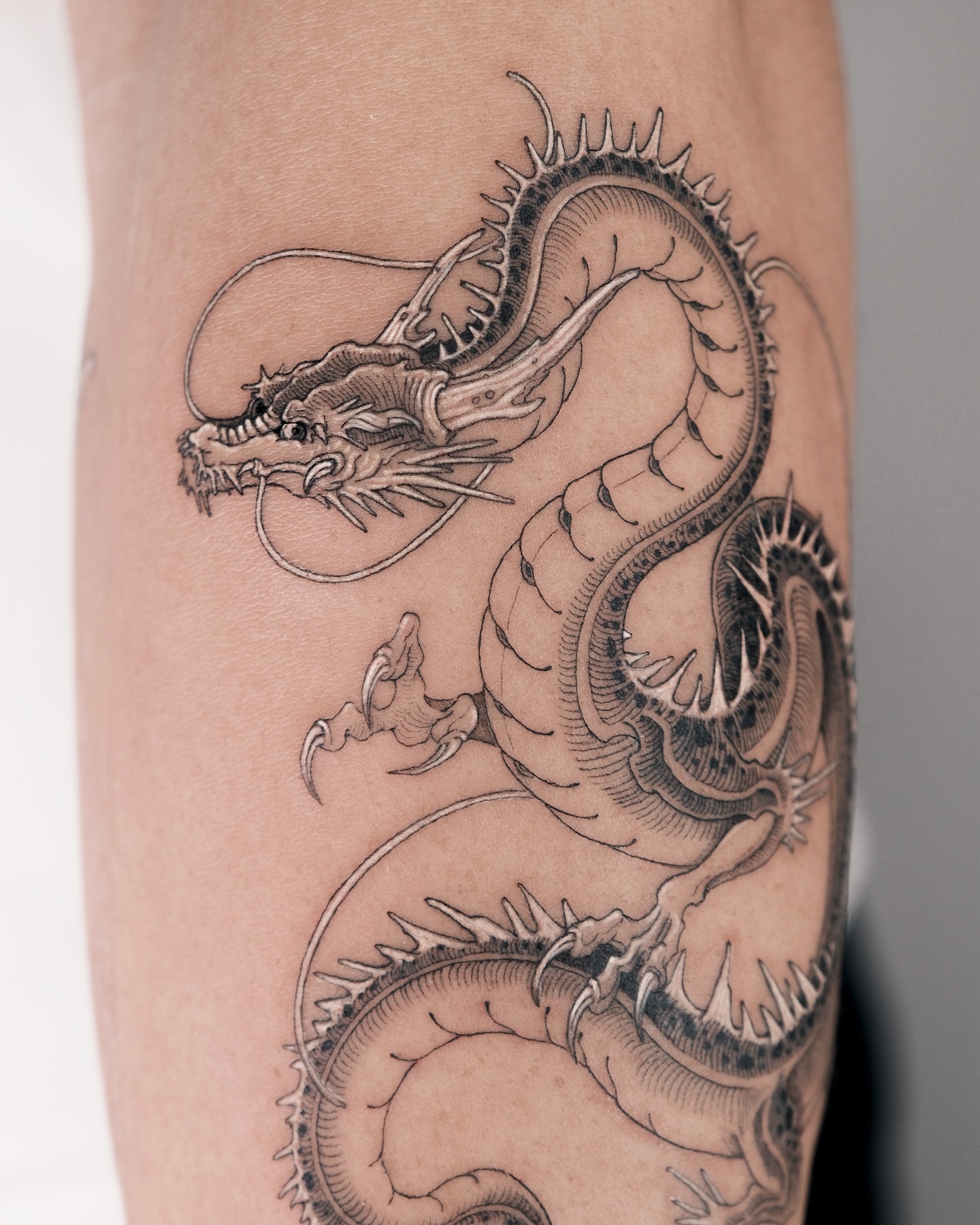 Dragon black and grey tattoo on the forearm by p o b i