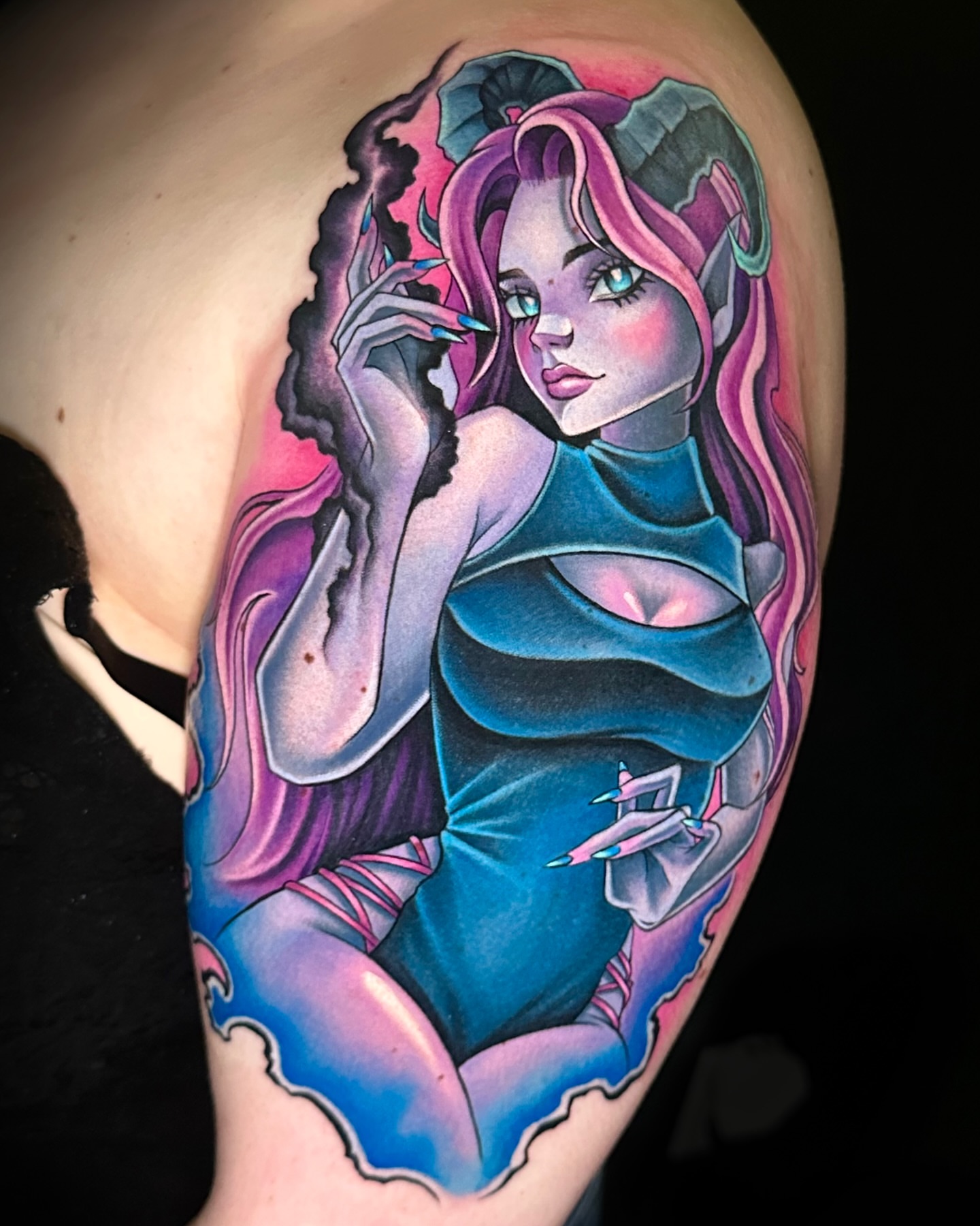 Elf-like character anime tattoo on the shoulder by Chynna J El-Ayazra