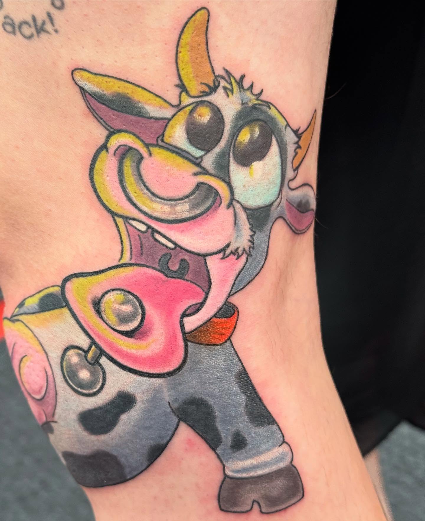 Cow new school tattoo on the forearm by Columbus Tattoo Artist