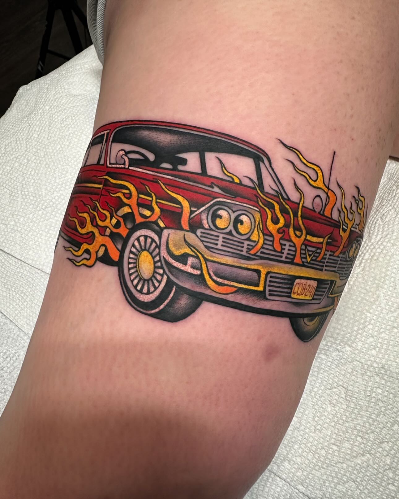 Hot rod American traditional tattoo on the forearm by Mark Boller