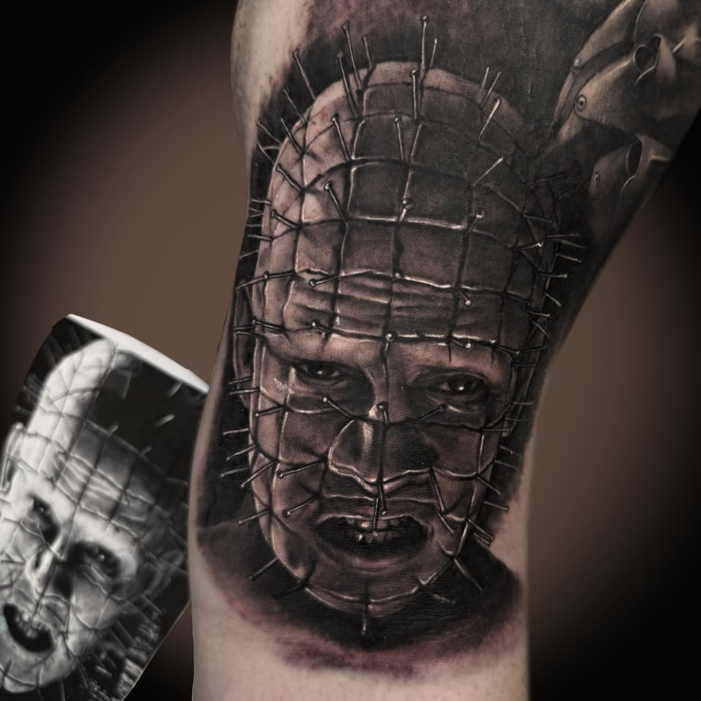 Pinhead mask realism tattoo on the forearm by ๐ฟ๐๐ฃ๐๐๐ก ๐๐ค๐ ๐ค๐ง๐ฃ๐ฎ, Middletown, Orange County, New York