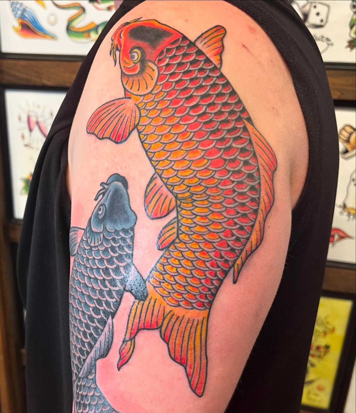 Koi fish American traditional tattoo on the shoulder by CJ Ligocki - Ferndale Detroit Michigan Tattoo, Ferndale, Michigan