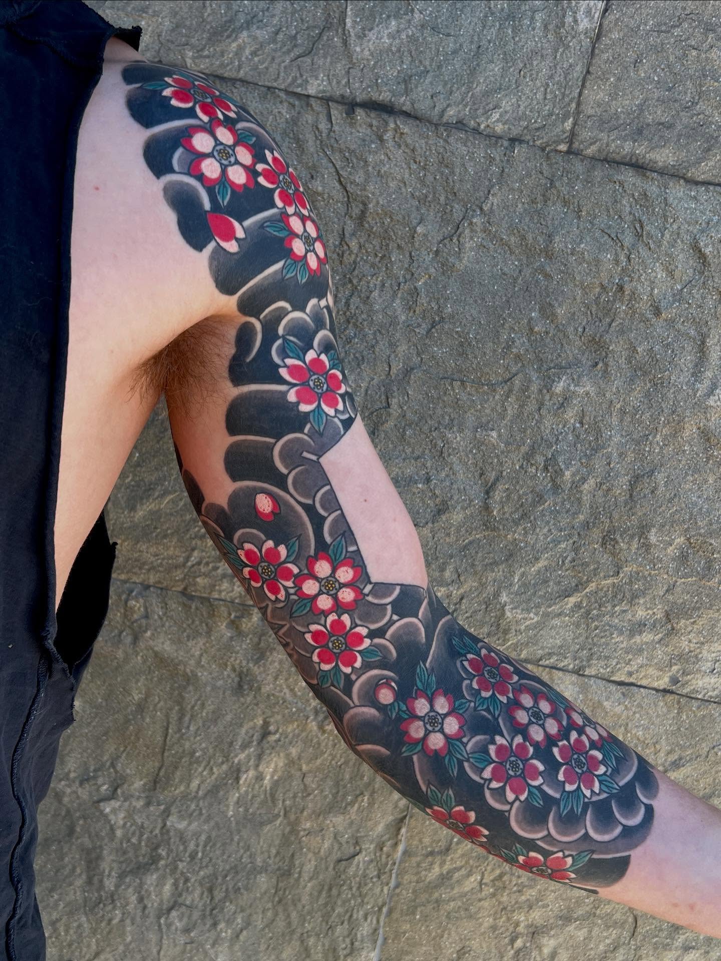 Cherry blossoms japanese irezumi tattoo on the forearm by Rocky Burley, Georgetown, Texas