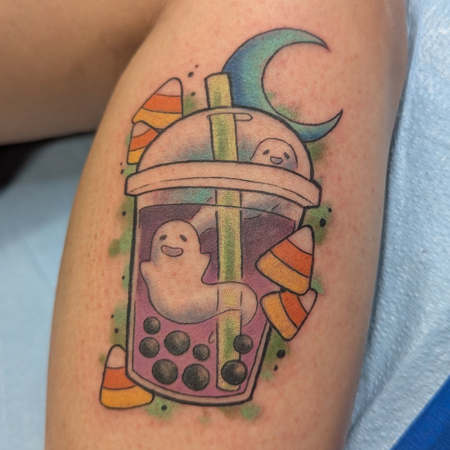 Ghost in bubble tea new school tattoo on the thigh by Ricefu Art & Tattoo