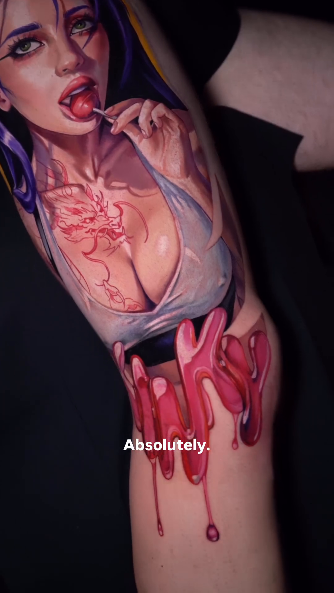 Woman with dripping elements realism tattoo by Daria Pirojenko