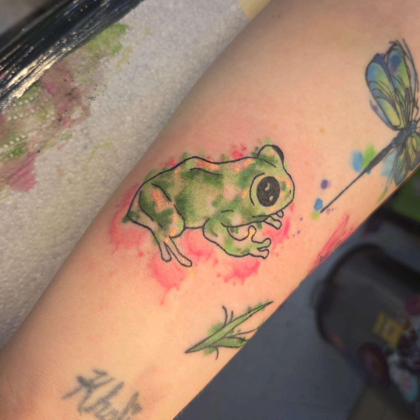 Frog watercolor tattoo on the forearm by Abigail (Bgail) Boyd