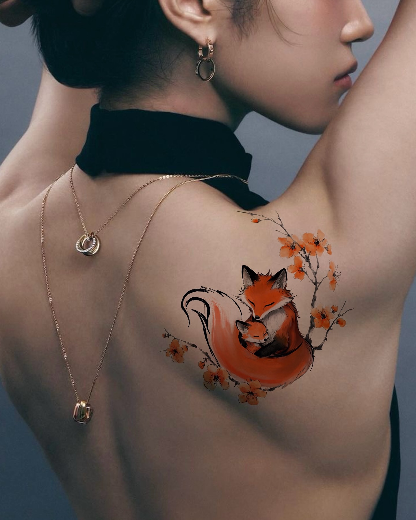 Foxes and blossoms watercolor tattoo on the back by Sylvia｜思岐, Vancouver, British Columbia