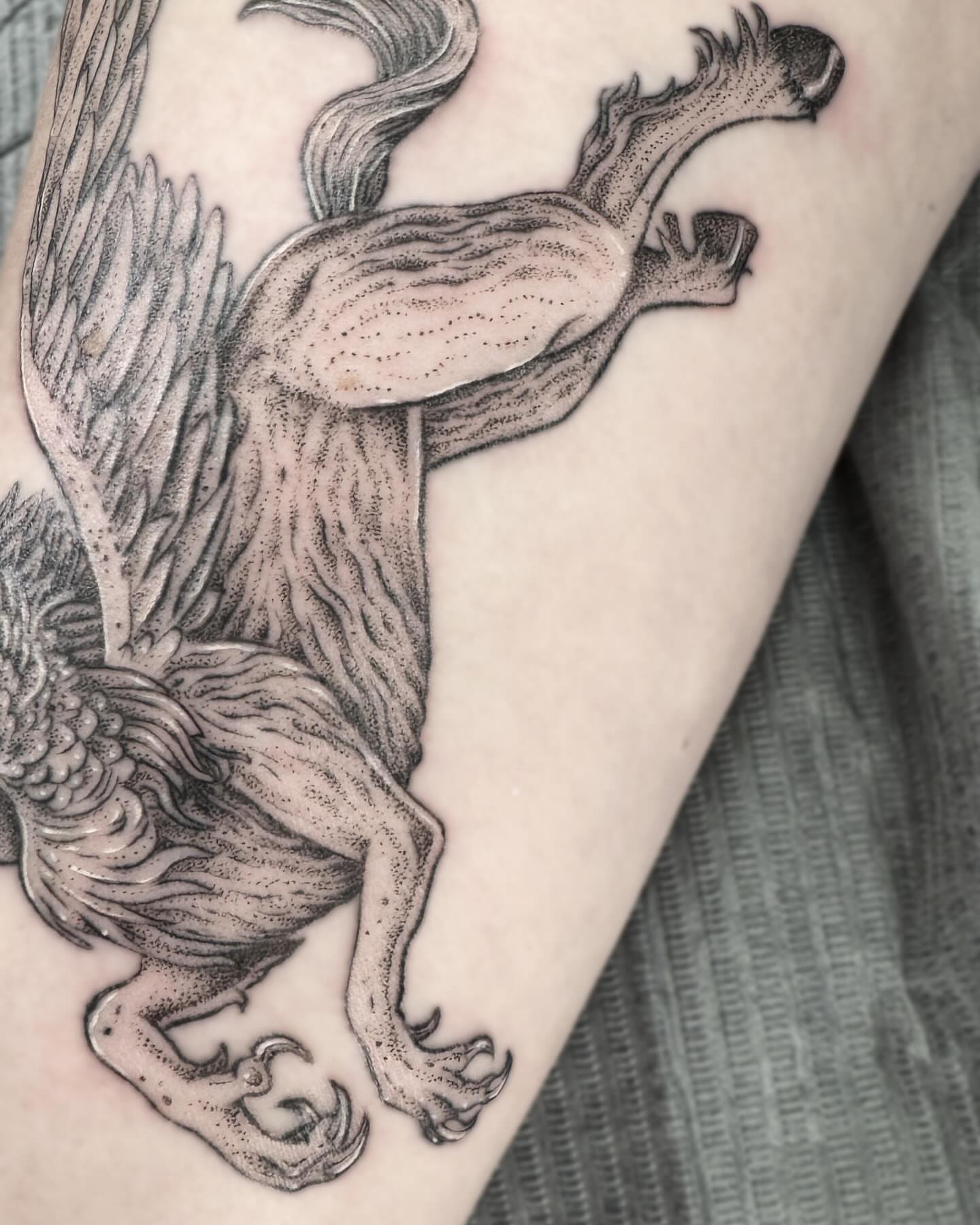 Phoenix dotwork tattoo on the forearm by Writhe Grey