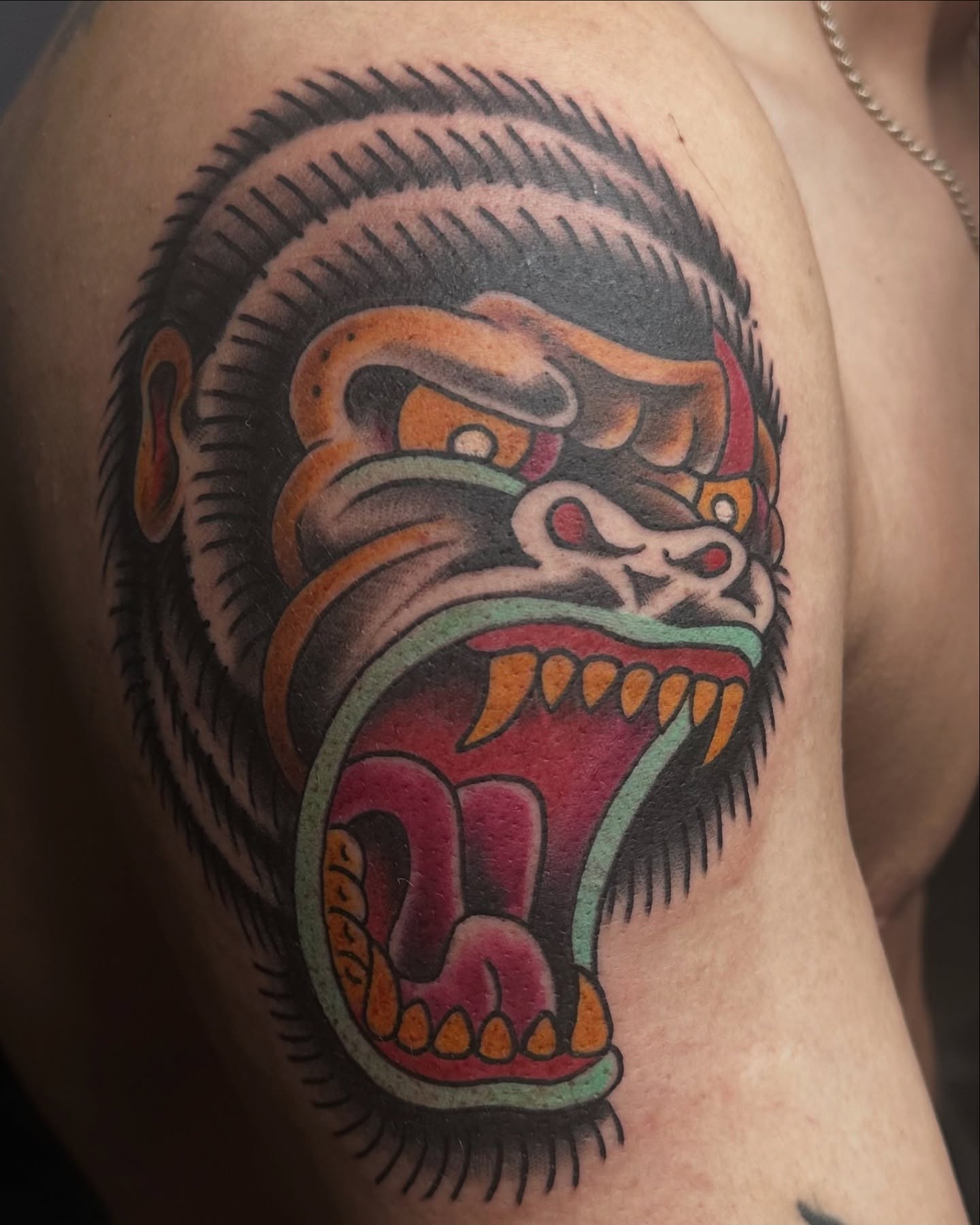 Gorilla American traditional tattoo on the shoulder by Greg Romero (el chamo), Millcreek, Utah