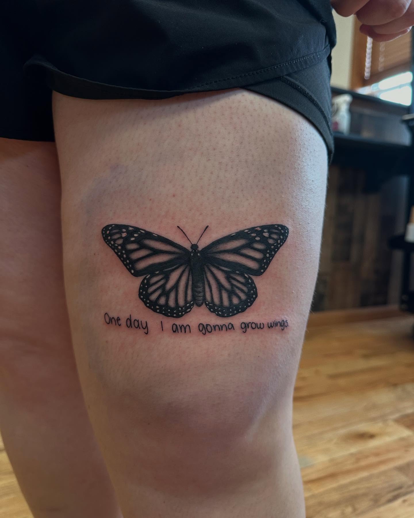 Butterfly black and grey tattoo on the thigh by Marie Novotny, Lakewood, Ohio