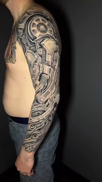 Biomechanical sleeve realism tattoo by Kayden DiGiovanni, Addison, Texas