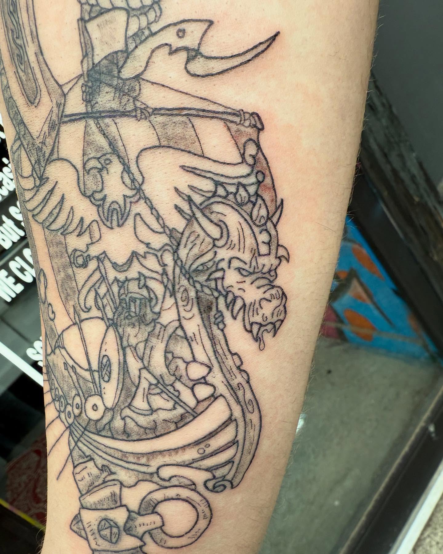 Viking warrior black and grey tattoo on the forearm by goose 🪿
