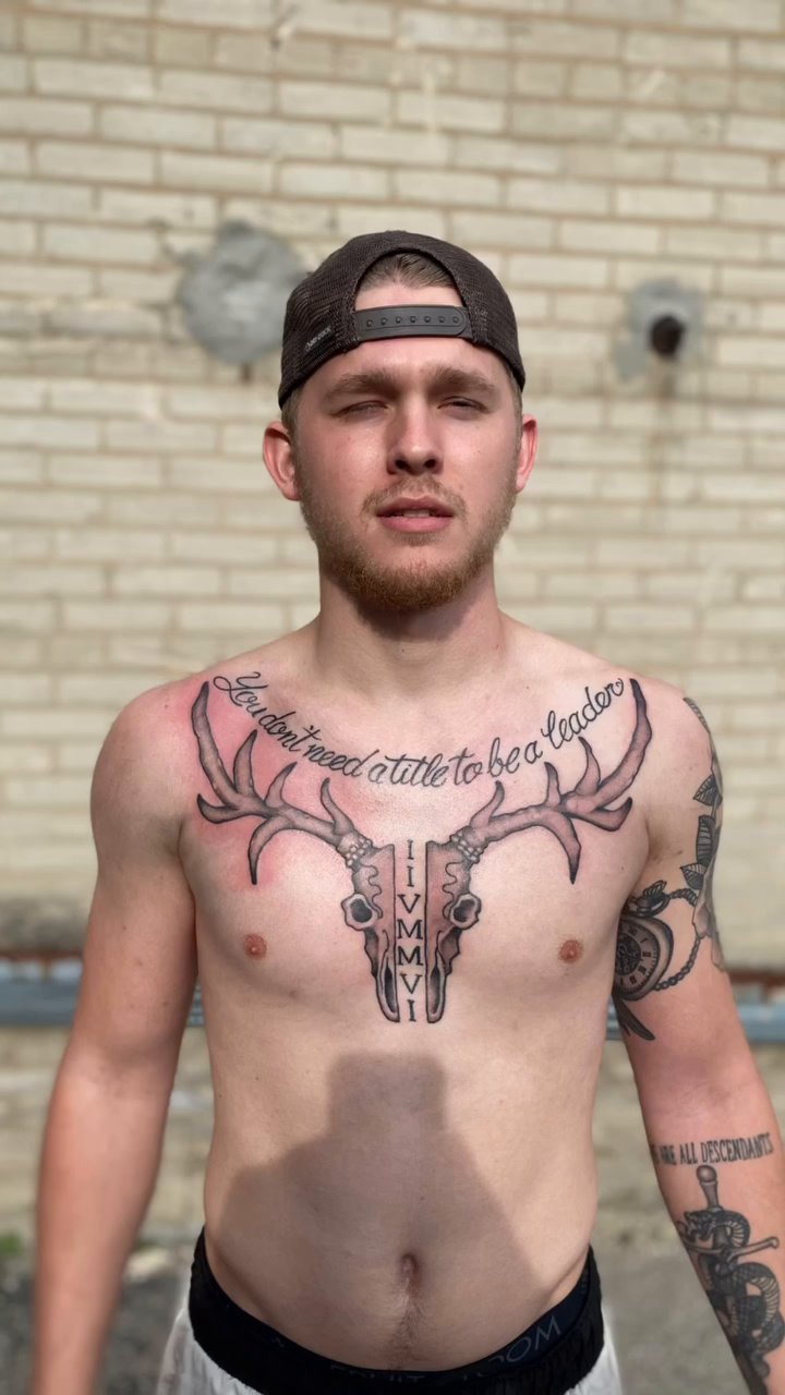 Skull and antlers realism tattoo by jim collins, Dayton, Ohio